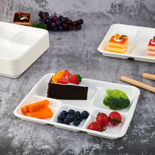 Miniatura 6 de Vplus Platos 100% compostables con 5 compartimentos, paquete de 125 platos ecológicos desechables de caña de azúcar de 10 x 8 pulgadas, bandeja