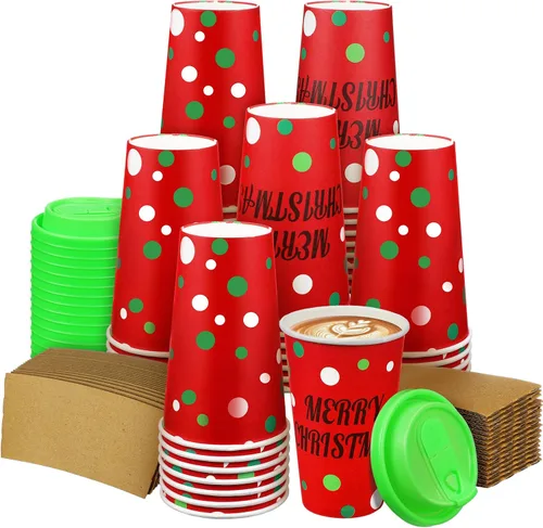 Miniatura 14 de Zhehao 90 piezas/30 juegos de tazas de café de papel navideñas con tapas y fundas, tazas de papel desechables para cacao caliente y fiestas