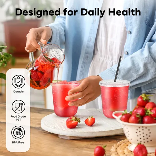 Miniatura 5 de Paquete de 100 vasos de plástico transparente con tapas planas y pajitas, tazas desechables de 12 onzas para café helado, vasos de plástico
