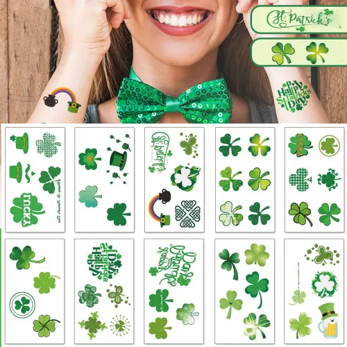 Tatuajes del día de San Patricio, trébol temporal, tatuajes de trébol temporales, tatuajes de la suerte de trébol impermeable para adultos y niños,