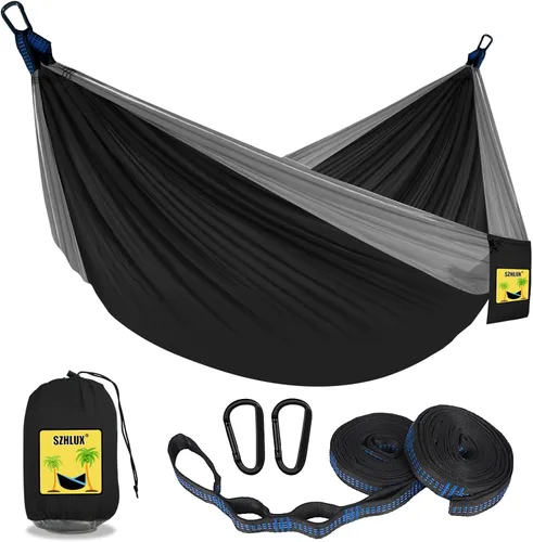 SZHLUX Hamaca de camping doble y individual Hamacas portátiles con 2 correas de árbol, ideal para senderismo, mochileros, caza, al aire libre, Negro