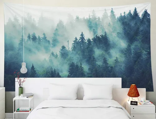 Miniatura 2 de EMMTEEY Tapiz de pared con bosque - Árbol de pino verde y niebla, arte de pared natural, 80x60 pulgadas, tapiz grande de estilo bohemio para sala
