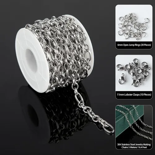 Miniatura 2 de 16.4 pies de cadenas de acero inoxidable plateadas para hacer joyería, collar pesado de hip-pop para hombres, cadena de eslabones en relieve a Rolo