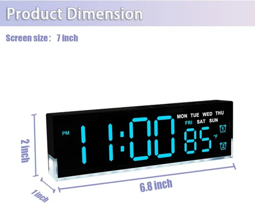 Miniatura 5 de JENLYSTIME Reloj despertador digital LED de 7 pulgadas con alarmas duales y luz inferior ｜ Muestra hora, fecha, día, temperatura ｜ Brillo