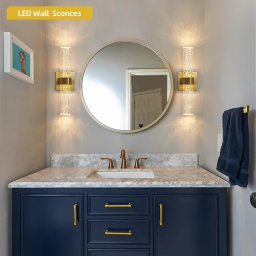 Miniatura 7 de Epinl Juego de dos apliques de pared dorados – Apliques de pared para baño, iluminación de pared LED regulable de 14 W con cristal de burbujas