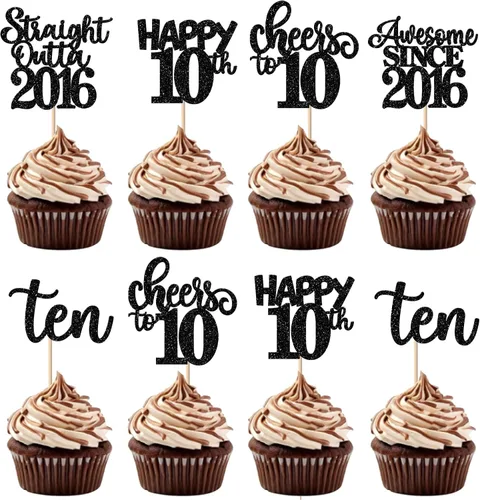 Paquete de 30 adornos para cupcakes de 10º cumpleaños con purpurina recta hacia fuera de 2016, Happy 10th Ten Awesome Since 2016, 10 fabulosas