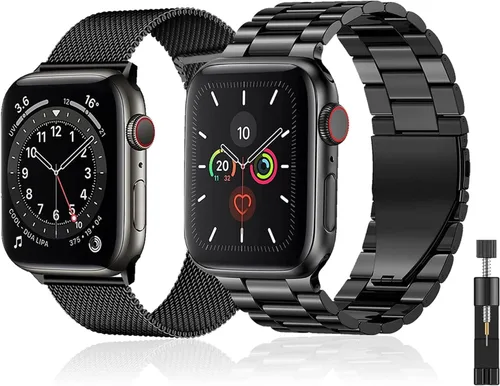 Paquete de 2 correas de metal compatibles con Apple Watch Band 38/40/41/42/44/45/46/1.929 in, acero inoxidable y malla milanesa para iWatch Band