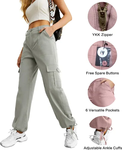 Miniatura 2 de Pantalones cargo de cintura alta para mujer, pantalones de viaje Y2K Streetwear holgados elásticos con 6 bolsillos con cordón en los tobillos