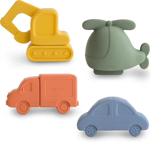 mushie Vehículos Juguetes de baño para niños pequeños | 100% silicona de grado alimenticio | Libre de moho, paquete de 4