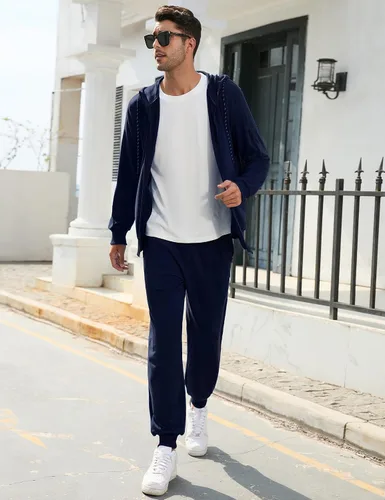 Miniatura 3 de TURETRENDY Conjunto deportivo para hombre, con cremallera completa, sudadera deportiva con capucha y cremallera completa