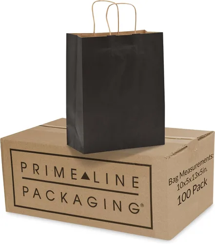 Prime Line Packaging Bolsas de papel negro, bolsas de regalo de papel kraft medianas con asas, pequeñas empresas, compras, boutiques, venta al por