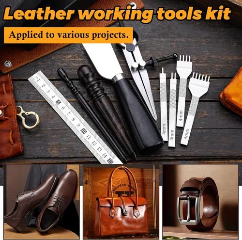 Miniatura 6 de El kit de herramientas de trabajo de cuero incluye cuchillo de corte, bruñidor de bordes, punzón de costura de 1/2/4/6, herramienta de geometría