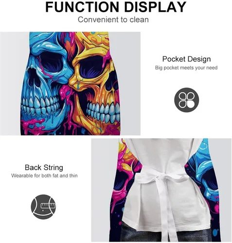 Miniatura 6 de Personalized Two Different Skulls Adult Apron, Kitchen Cooking Aprons for Woman Man, Adjustable Bib Apron with Pocket for Baking, BBQ Crafting