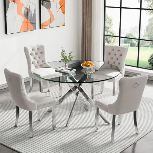 Miniatura 35 de Juego de 4 mesas de comedor redondas de vidrio para 4, juego de mesa de cocina pequeña para 4, mesa redonda de vidrio de 35 pulgadas, juego de 4