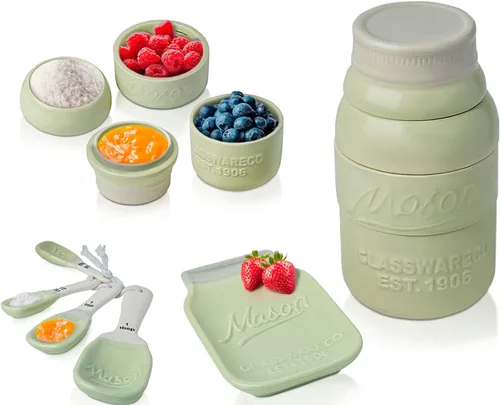 Miniatura 11 de Comfify Mason Jar Menaje de Cocina – 4 Tazas Medidoras, 4 Cucharas, Apoya Cucharas – Cerámica Vintage en Gris