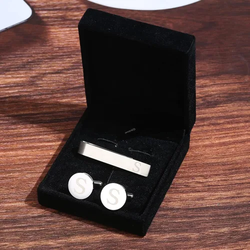 Miniatura 54 de LOYALLOOK - Gemelos de acero inoxidable grabados con inicial y clip de corbata, diseño de letras del alfabeto con caja de regalo, A-Z