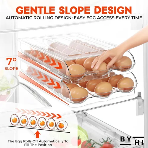 Miniatura 3 de Soporte para 36 huevos para refrigerador, organizador automático de huevos de 2 niveles para ahorrar espacio y almacenamiento fresco, sin BPA