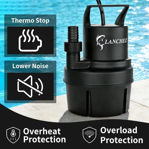 Miniatura 5 de LANCHEZ Bomba de sumidero 1/6 HP 1037 GPH Bomba de agua sumergible termoplástica portátil bomba de baja succión para piscina, jardín, estanque