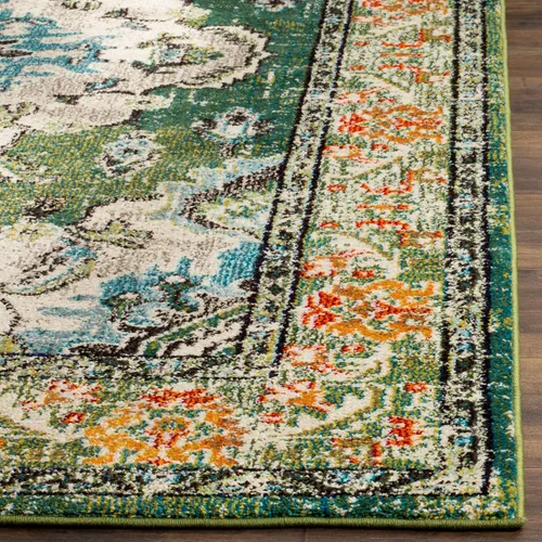 Miniatura 4 de Safavieh Tapete decorativo de 2 pies 2 pulgadas x 4 pies de la colección Monaco, verde y celeste, diseño desgastado de medallón, no desprende