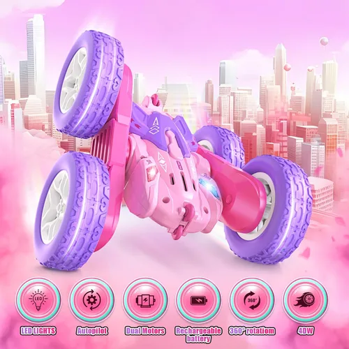 Miniatura 2 de Jimdella - Coches a control remoto para niñas, auto de acrobacias RC de 2.4GHz con giros de 360° y conducción de doble cara, ruedas intercambiables