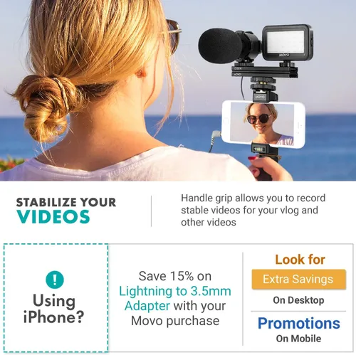 Miniatura 2 de Movo Vlog Kit V7 - Kit de inicio de YouTube con agarre, micrófono estéreo, luz e inalámbrico Kit de vlogging remoto para iPhone, Android - Kit