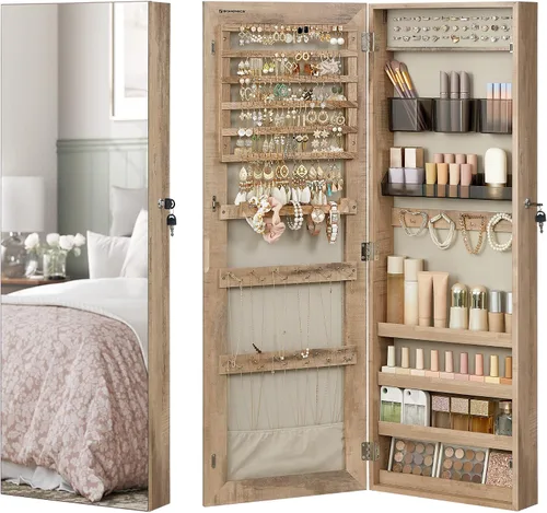 Miniatura 51 de SONGMICS Gabinete colgante de joyería, gabinete de pared con luces interiores LED, organizador de joyas montado en la puerta, espejo de cuerpo Blanco