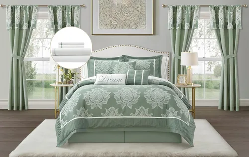Miniatura 9 de Grand Avenue - Juego de edredón beige tamaño Queen, jacquard con juego de ropa de cama a juego de piezas sólidas, para todas las estaciones, faldón