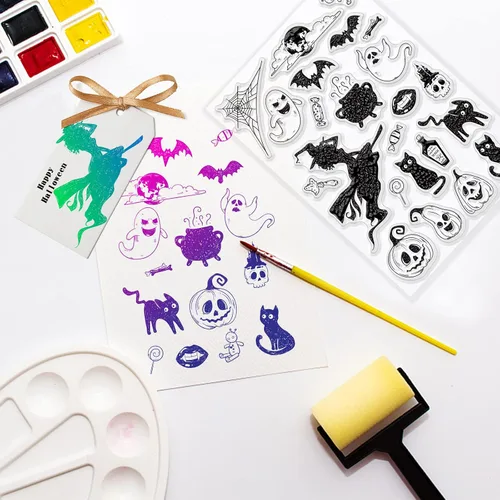 Miniatura 4 de ORIGACH Sellos transparentes de silicona – Bruja, fantasma, gato, murciélago, calabaza, sellos reutilizables para hacer tarjetas, álbumes