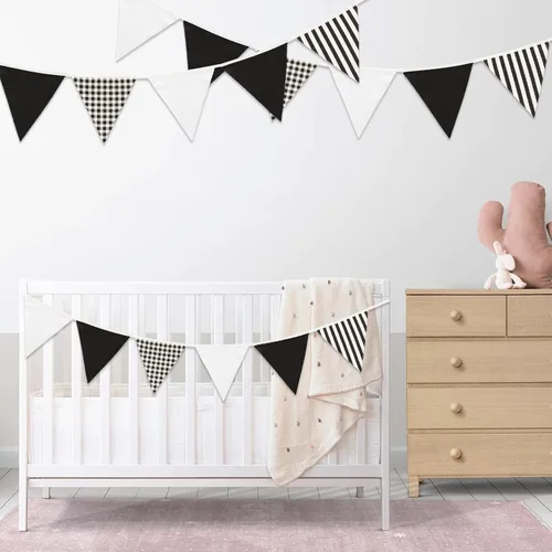 Miniatura 8 de GCQQ Banderines blancos y negros de 40 pies para decoración de fiesta, 42 unidades, pancarta grande de tela a rayas y cuadros, guirnalda de tela