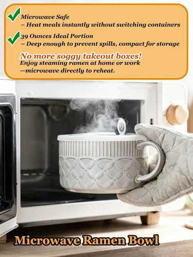 Miniatura 4 de Gomakren Tazón de sopa con asa de 39 onzas, cuenco de ramen para microondas con tapa, recipiente de sopa de cerámica para ramen, cereales, oficina