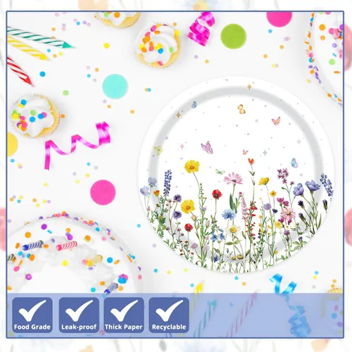 Miniatura 3 de T-Antrix 40 piezas de platos y servilletas de flores silvestres, suministros de fiesta, juego de vajilla desechable floral de flores silvestres