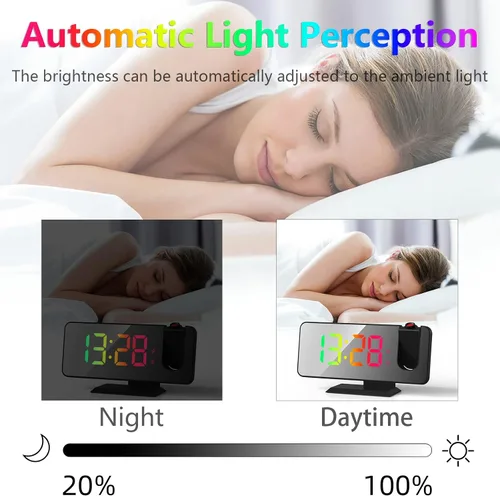 Miniatura 6 de Reloj despertador de proyección para techo de dormitorio, proyector giratorio de 180°, espejo RGB de 7.4 pulgadas, pantalla digital LED, alarma dual