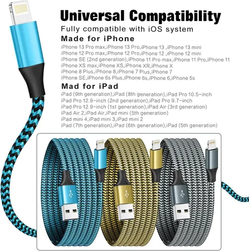 Miniatura 7 de SHUSEL Paquete de 3 cargadores para iPhone, cable Lightning USB de 6 pies, certificado MFi, carga rápida, nailon trenzado para iPhone, cable