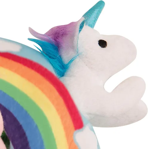 Miniatura 6 de Snugarooz - Juguete para perro con parche de reparación – Arco iris de peluche interactivo con 3 unicornios chirriantes – Diseñado para un juego