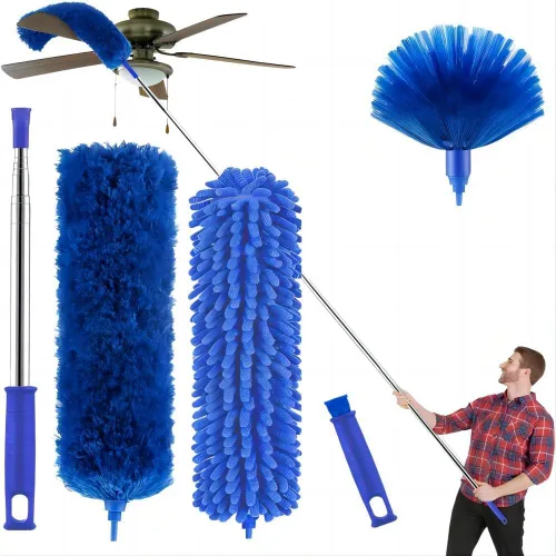 Plumero de telaraña con poste de extensión, kit de plumero de limpieza lavable con 3 cabezales de plumero, plumero de telaraña, cepillo de esquina,