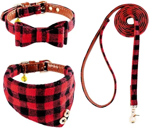 Miniatura 8 de EXPAWLORER Juego de collar y correa para perro - Corbata de moño clásica a cuadros para perro y collar bandana para perro con campana, correa