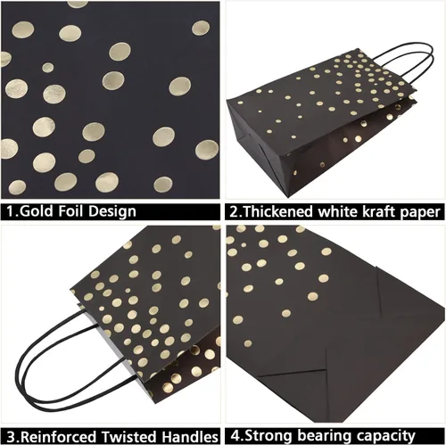 Miniatura 3 de ECOHOLA Bolsas de regalo de papel de aluminio negro y dorado con asas negras, 25 piezas de lunares metálicos dorados para regalos, minoristas