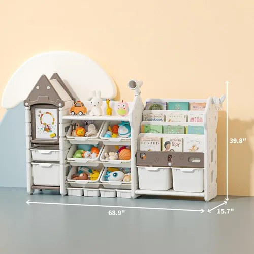 Miniatura 2 de UNICOO Organizador de almacenamiento de juguetes para niños con estantería, organizador de sala de juegos de 14 cubos y estantería, estante de Marrón