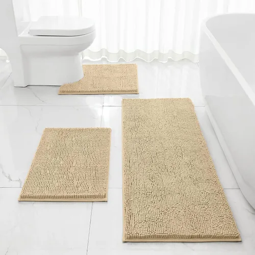 Miniatura 18 de HOMEIDEAS Juego de 3 alfombras de baño, ultra suaves, antideslizantes, absorbentes, de chenilla, juego de alfombrillas de baño para inodoro (beige)