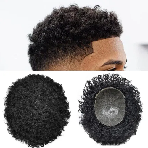 Miniatura 14 de Sistema de cabello para hombres negros, rizado tipo tupé de inyección de poliuretano para hombres de 0.472 in Afro Wave Afro American Mens Toupee 1#