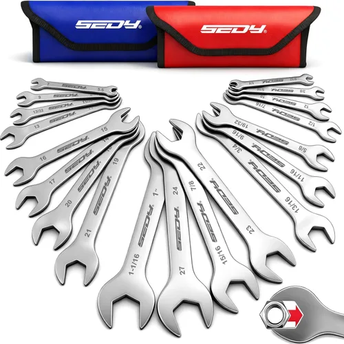 Miniatura 10 de SEDY Juego de 14 llaves para tuercas acampanadas con cinta PTFE, llave de línea de freno métrica y SAE con desfase de 1/4"-7/8" & 9-21mm, juego