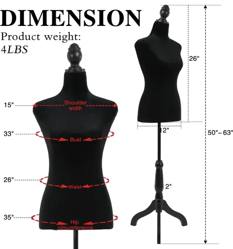 Miniatura 7 de Base de trípode de madera, maniquí femenino, forma de torso de 50 a 63 pulgadas para mujeres de exhibición, altura ajustable para coser, cuerpo