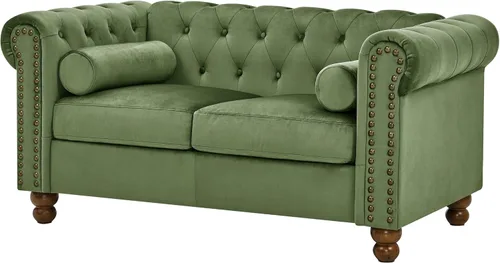 Miniatura 11 de Sofá Air de cuero copetudo para sala de estar, sofá de 3 plazas con brazo enrollado con ribete de cabeza de clavo y 2 almohadas para el cuello, sofá