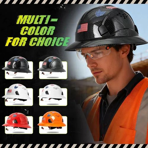 Miniatura 9 de Casco duro de ala completa con patrón de fibra de carbono con visera, casco de seguridad de construcción aprobado por la OSHA para hombres