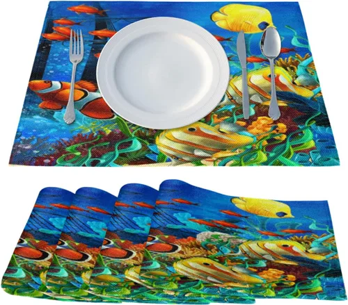 Miniatura 2 de Juego de 4 manteles individuales con diseño de pez océano, lavables, impermeables, para decoración de mesa de comedor, 18 x 12 pulgadas