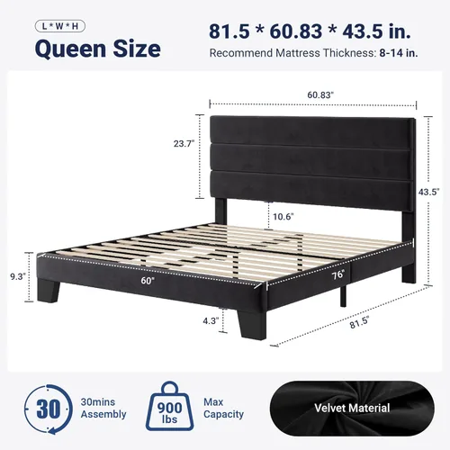 Miniatura 2 de Allewie Base de cama de plataforma tamaño Queen con cabecera tapizada de terciopelo y soporte de listones de madera, base de colchón totalmente Negro