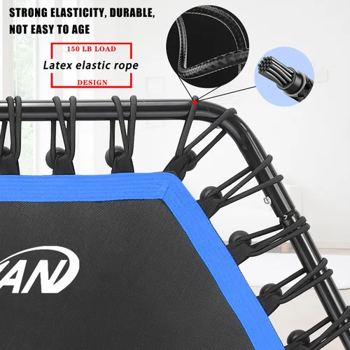 Miniatura 3 de Newan Trampolín de fitness de 48 pulgadas con barra de mango ajustable, trampolín silencioso, bungee rebote, entrenamiento cardiovascular, Azul