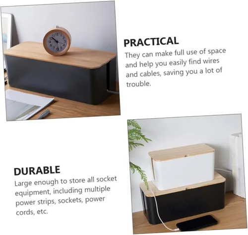 Miniatura 4 de Cable Storage Box with Natural Wood Lid Medium Black Power Line Organizer Household Wire Storage Case for Charging Cables and Socket Management for
