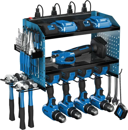 Miniatura 10 de Organizador de herramientas eléctricas con estación de carga, estante modular de montaje en pared resistente para garaje y organización de Negro