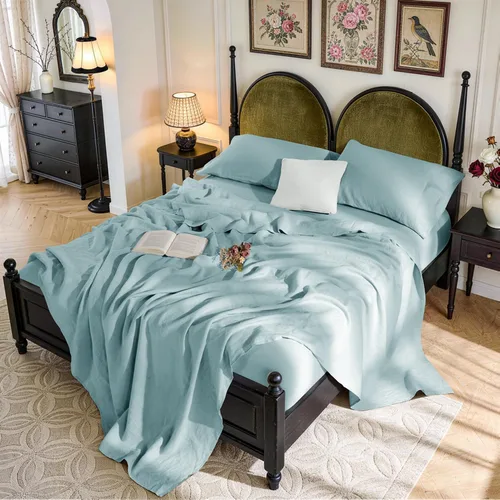 Miniatura 18 de SONORO KATE Sábanas de cama de lino francés 100% puro, tamaño Queen, sábanas de cama de lino transpirables y duraderas, antidesgarro, lavables a